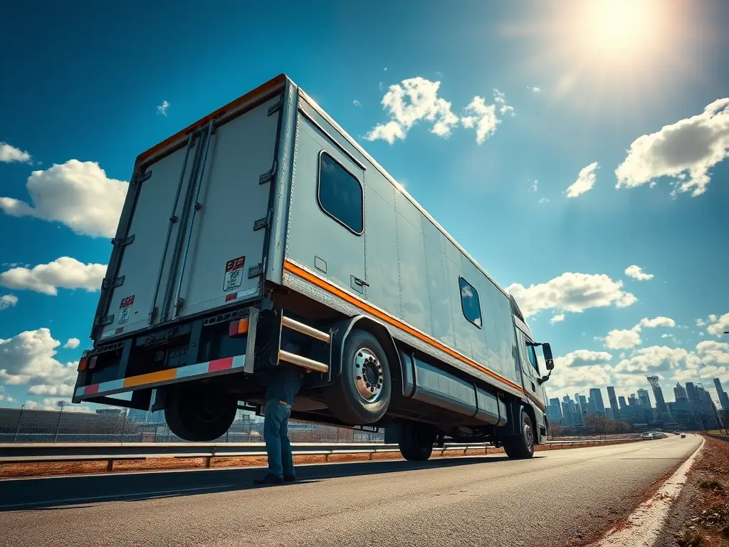 A high-angle photograph of a semi-truck being repaired on the roadside in Brampton, Ontario, with the city skyline in the background during a sunny day.