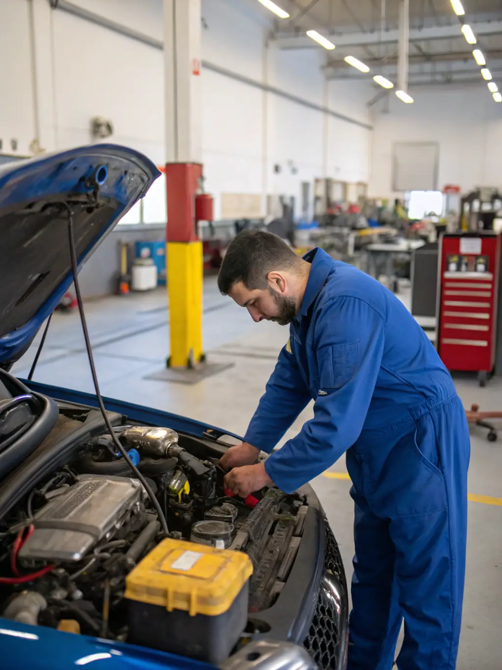 A high-quality image depicting a technician expertly repairing a semi-truck engine in a well-equipped repair shop, showcasing precision and expertise.