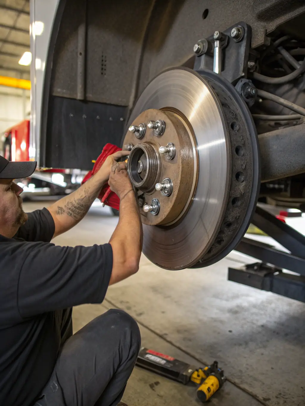 A picture of a truck's braking system being inspected, highlighting the importance of brake maintenance for safety and compliance.