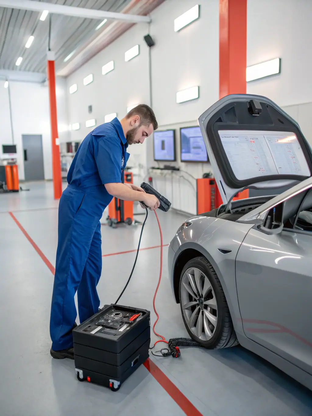 A photo of a technician performing electrical diagnostics on a truck, emphasizing the advanced technology used in modern truck repairs.