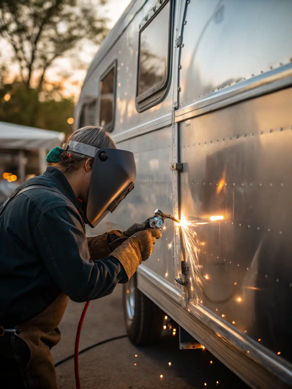 An image showing a technician welding a trailer frame, emphasizing the structural integrity and quality of the trailer repair work.