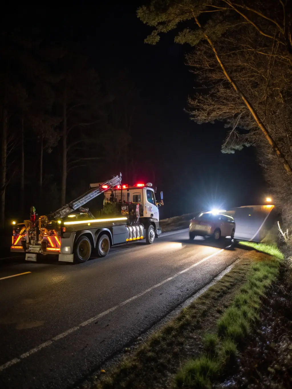 A truck being repaired on the roadside at night, emphasizing the 24/7 availability of the service.