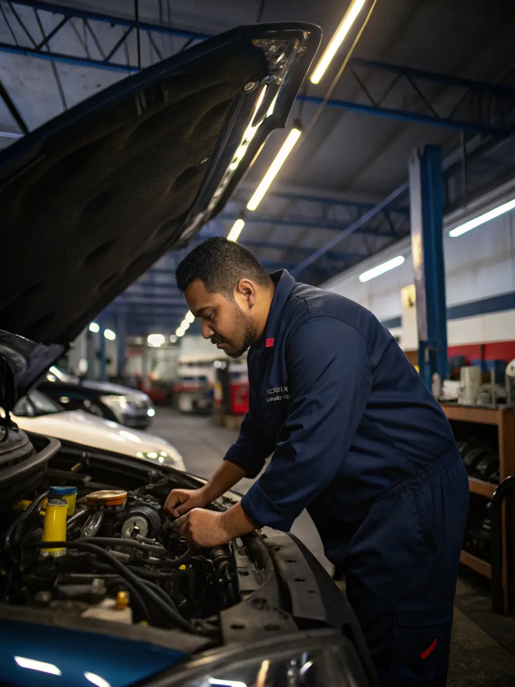 A close-up shot of a skilled mechanic working on a truck engine, showcasing expertise and precision.