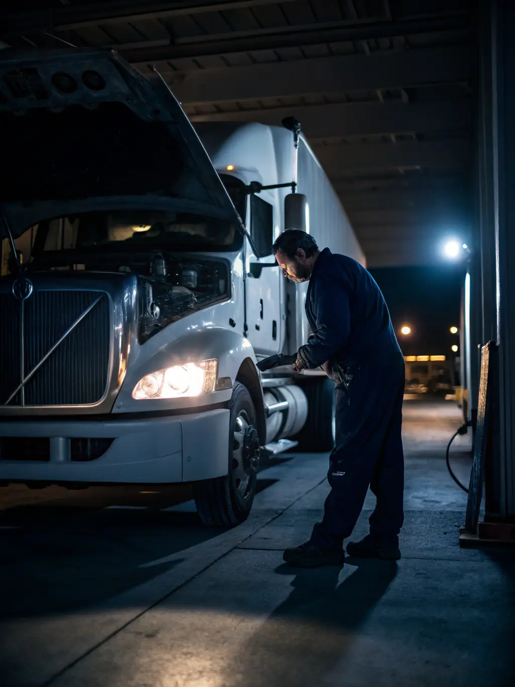A truck with its lights on being repaired on the roadside at night, emphasizing the 24/7 emergency roadside assistance.