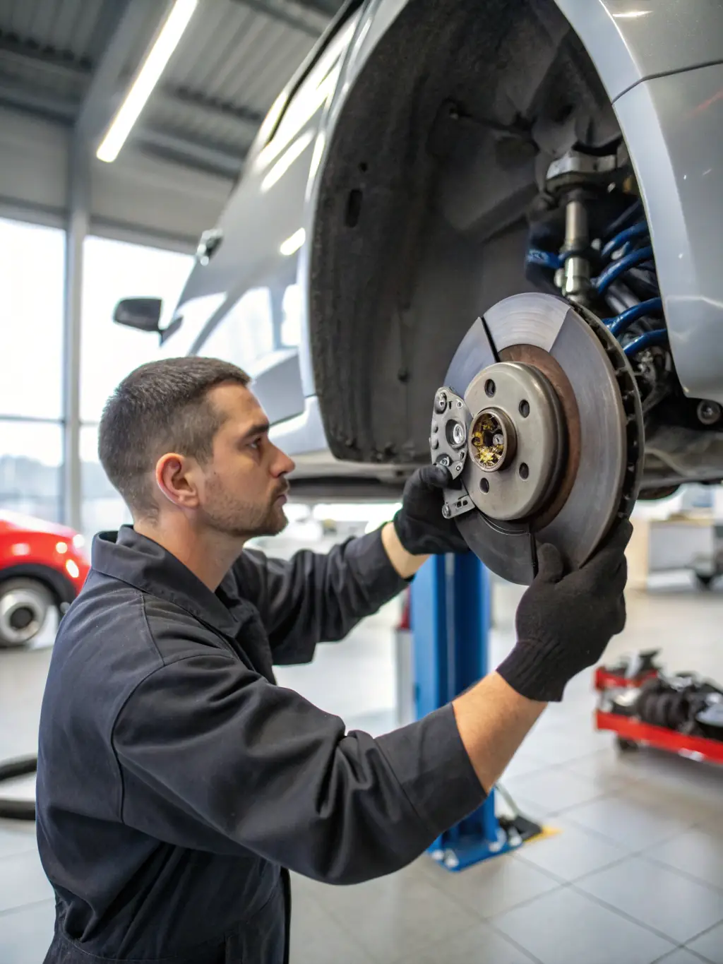A technician replacing brake pads on a trailer, emphasizing the importance of brake maintenance for safety and compliance.