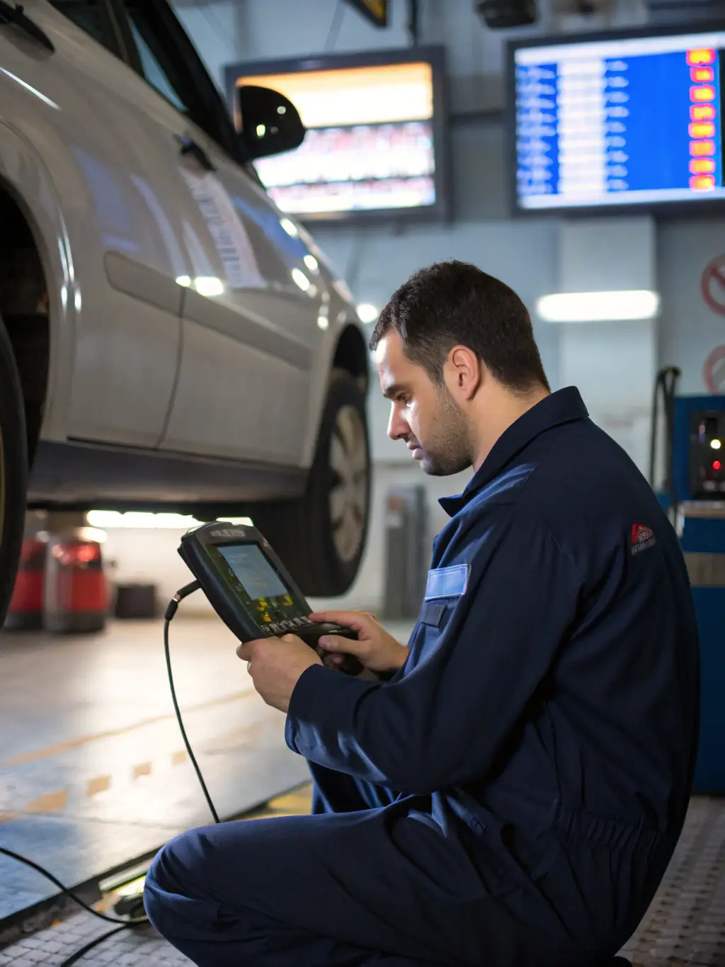 A mechanic diagnosing engine issues on a semi-truck with diagnostic tools, highlighting the use of advanced technology for accurate repairs.