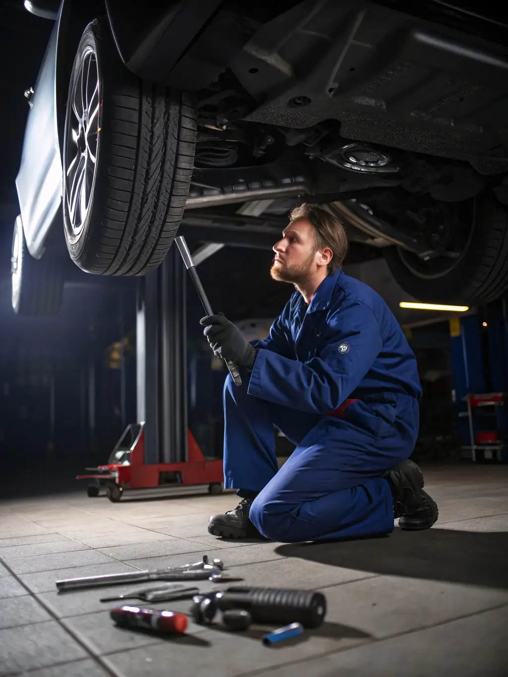 An image of a truck's suspension system being repaired, highlighting the components and tools used in the process.