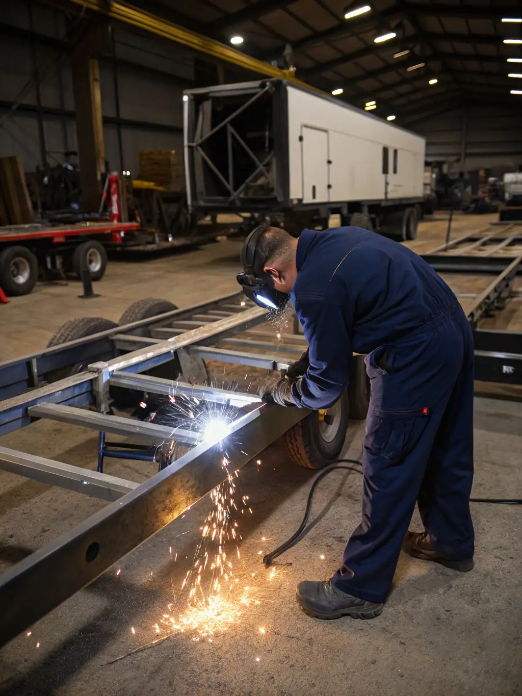 A picture of a technician welding a trailer frame, showcasing the precision and expertise involved in structural repairs.