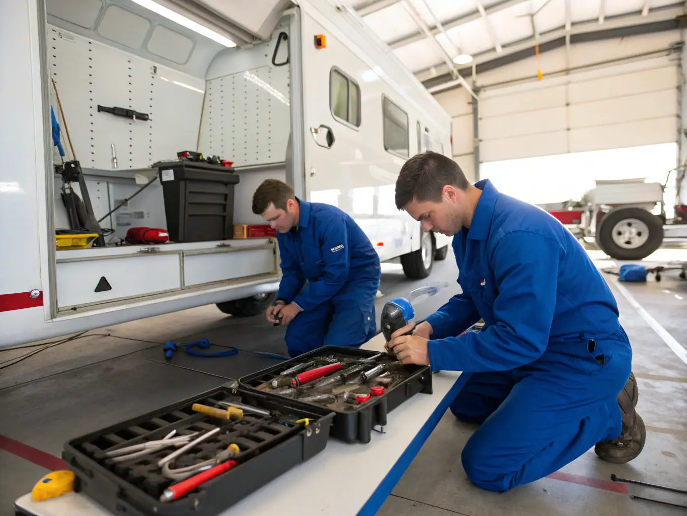 A photograph of a Truck & Trailer Repair technician performing maintenance on a trailer at a service location in Ottawa, Ontario, with government buildings visible in the distance.