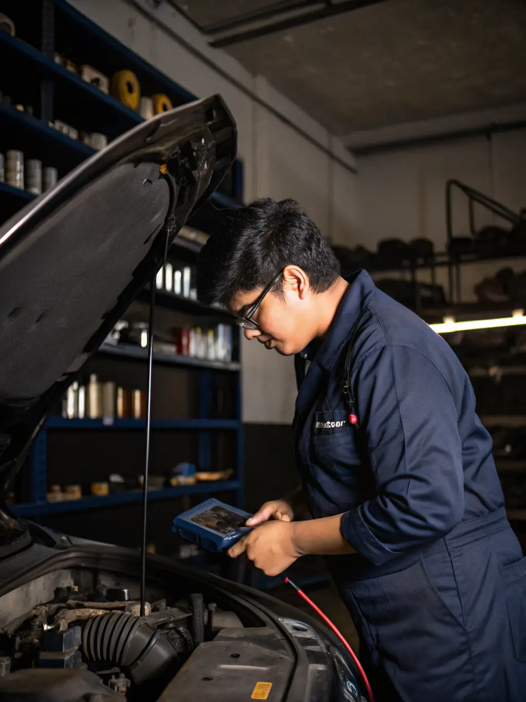A high-quality image depicting a truck undergoing engine diagnostics, with a technician using diagnostic tools.