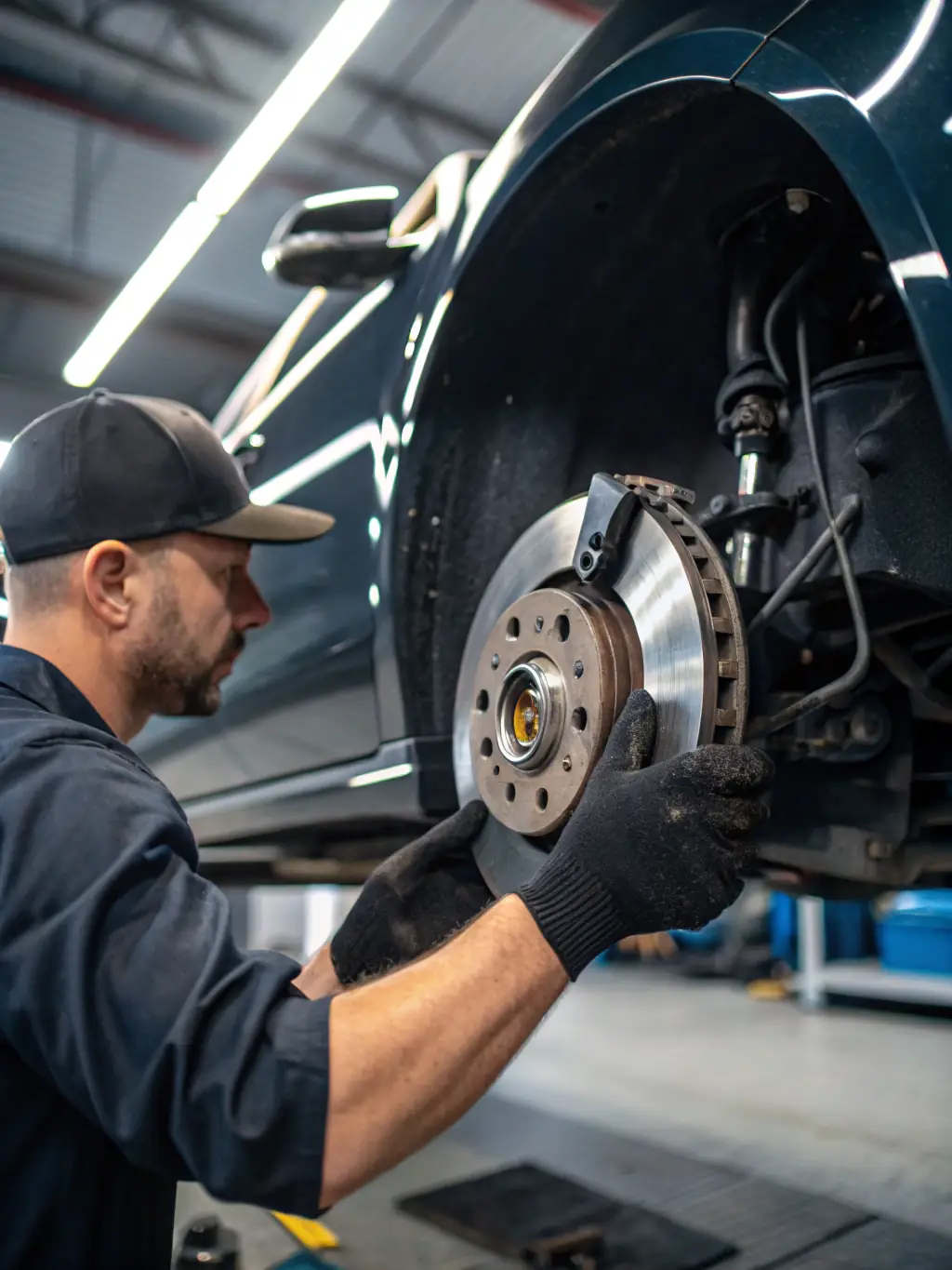 A photo showcasing a technician expertly repairing a trailer's braking system, with brake components clearly visible.