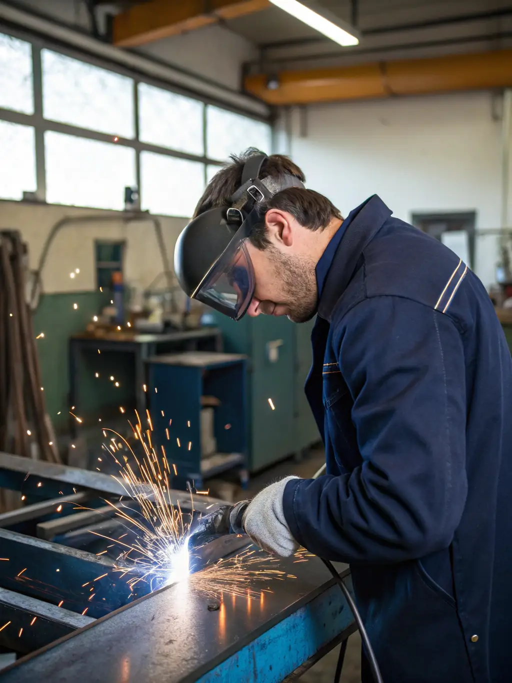 A close-up shot of a technician expertly welding a truck frame, sparks flying, showcasing precision and expertise in structural repairs.